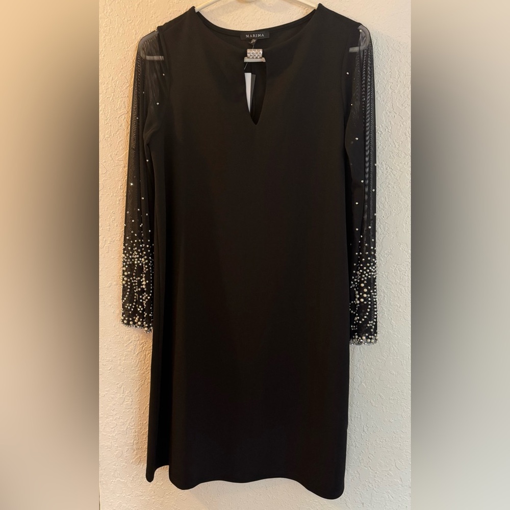 NWT Marina Black Dress Women's Keyhole Beaded Sheer Sleeve Sz 6 Cocktail Party